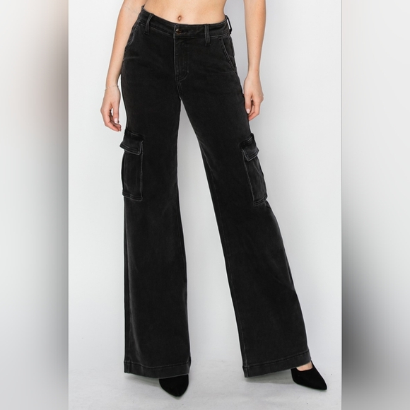 RISEN Cargo High-Rise Waist Boyfriend Denim Relaxed Wide Leg Utility Jean Pants - Picture 8 of 14